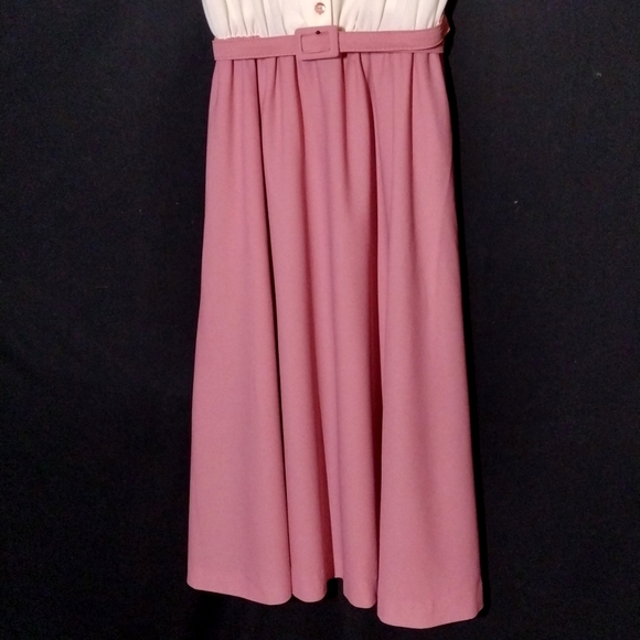 Vintage Jennifer Gee Cream and Pink Short Sleeve Midi Dress w/ Neck Tie Sz 14 - Picture 3 of 8